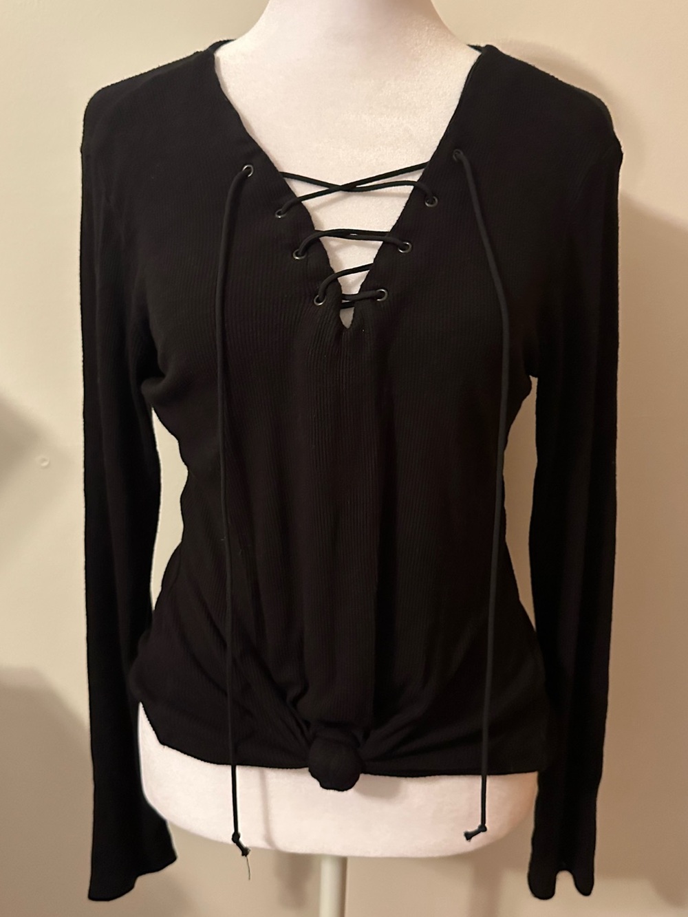 Women’s Alt Lace-Up Long Sleeve Black Essential Comfy Top